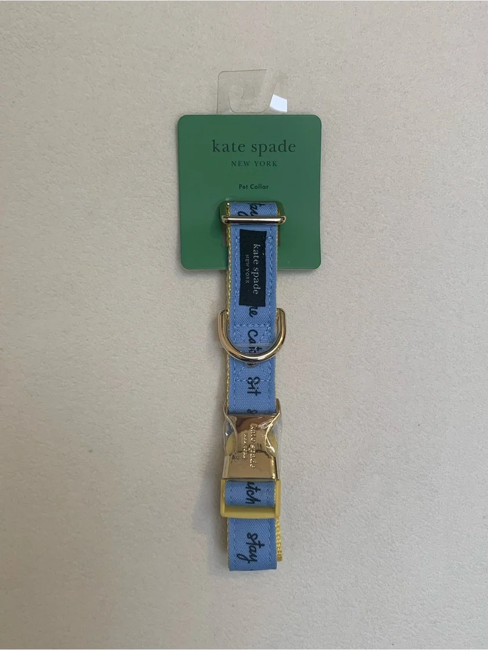 Kate Spade Blue & Yellow Pet Collar with Gold Hardware M/L Raining Cat and Dogs
